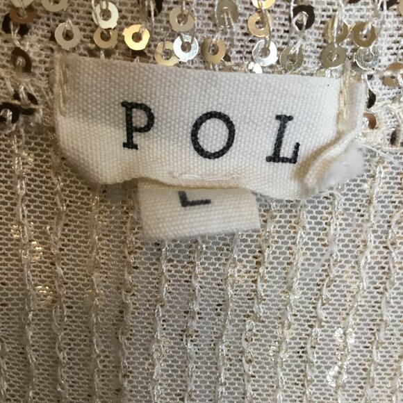 POL Sequin Button Up Blouse L Gold Semi-Sheer Metallic Boho Luxe Long Sleeve Top - Picture 3 of 6